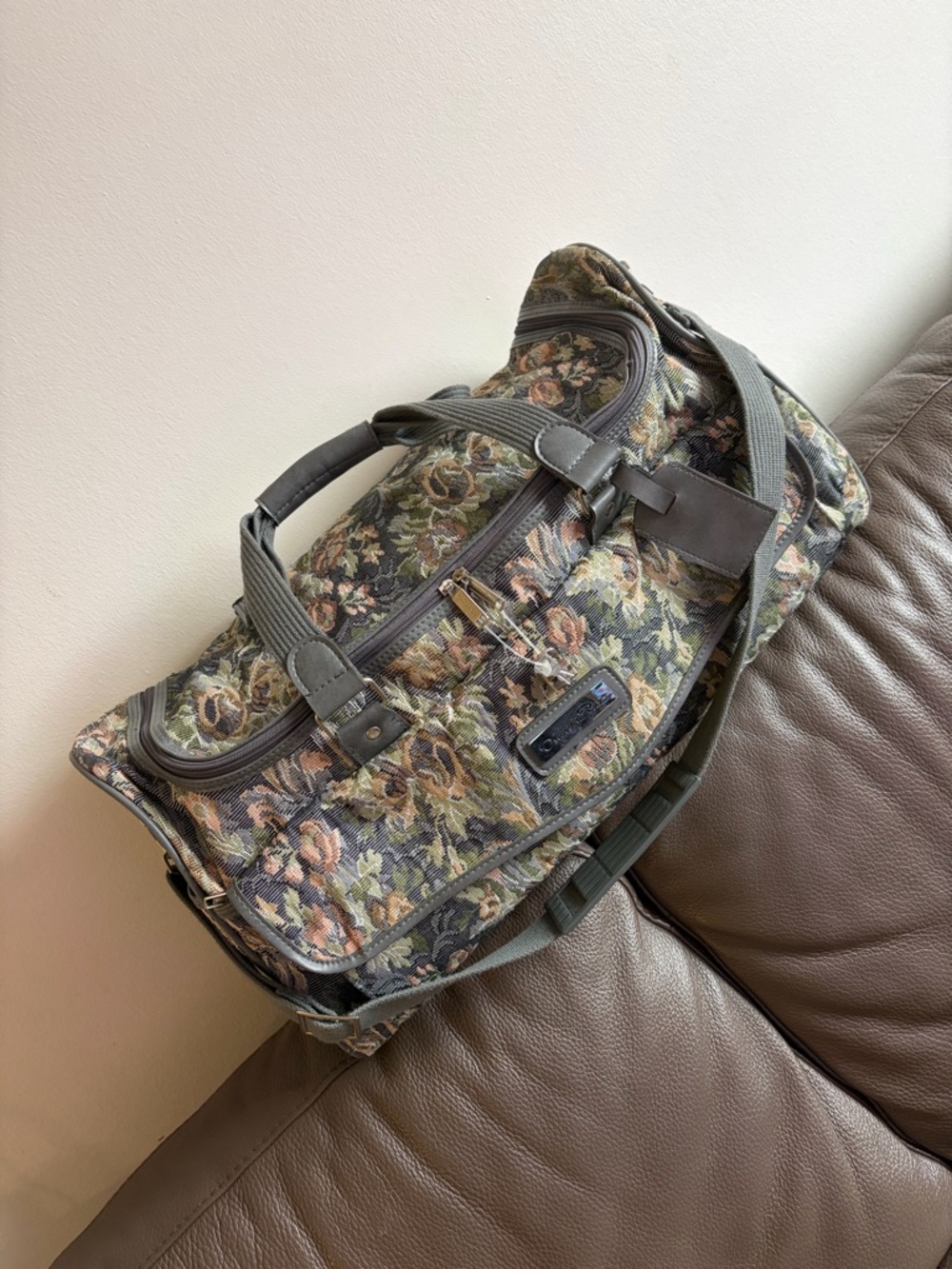 Oscar de la Renta Gray, Olive, Rust & Cream Floral Tapestry Weekender